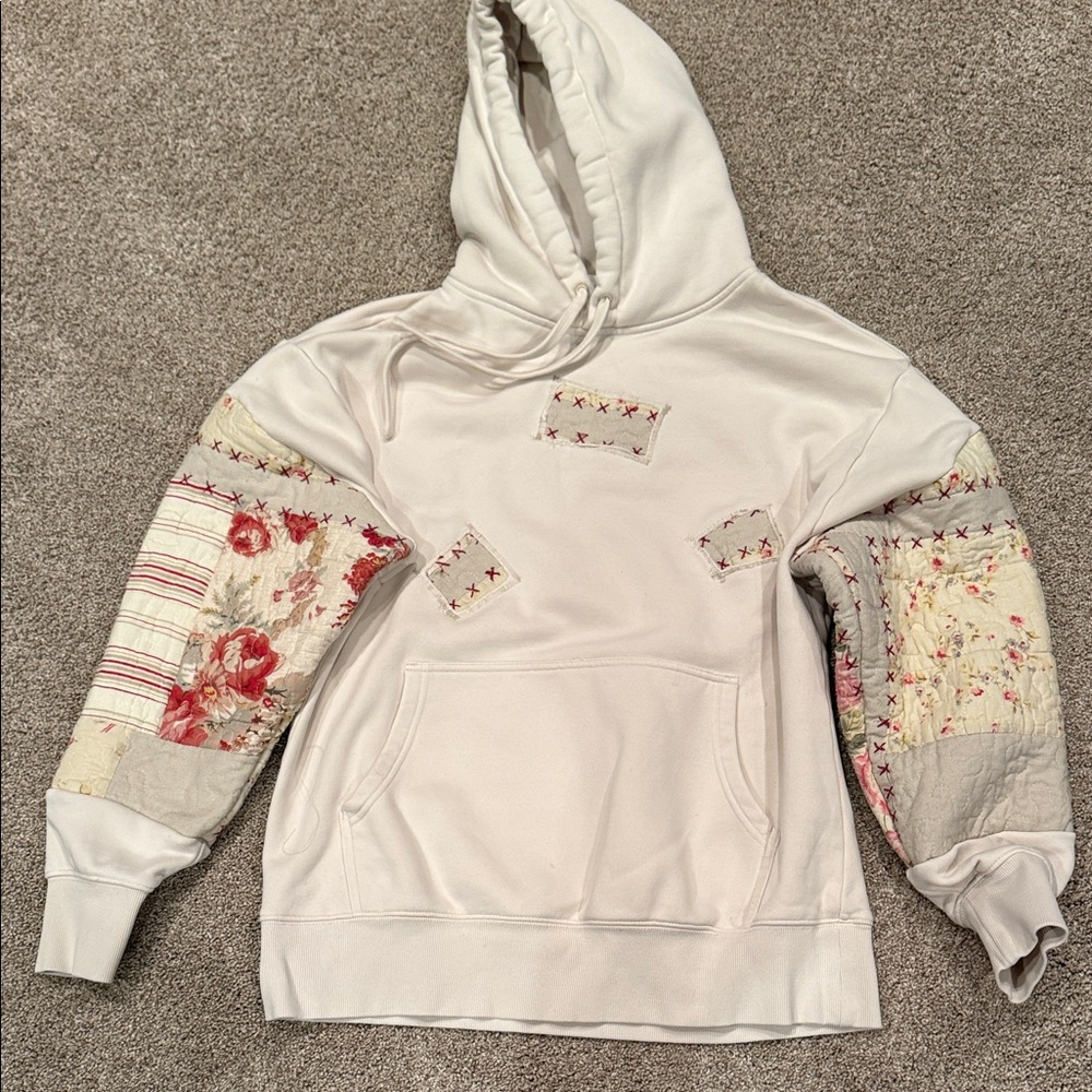 One of a kind upcycled size small cream sweatshirt w quilted patchwork
